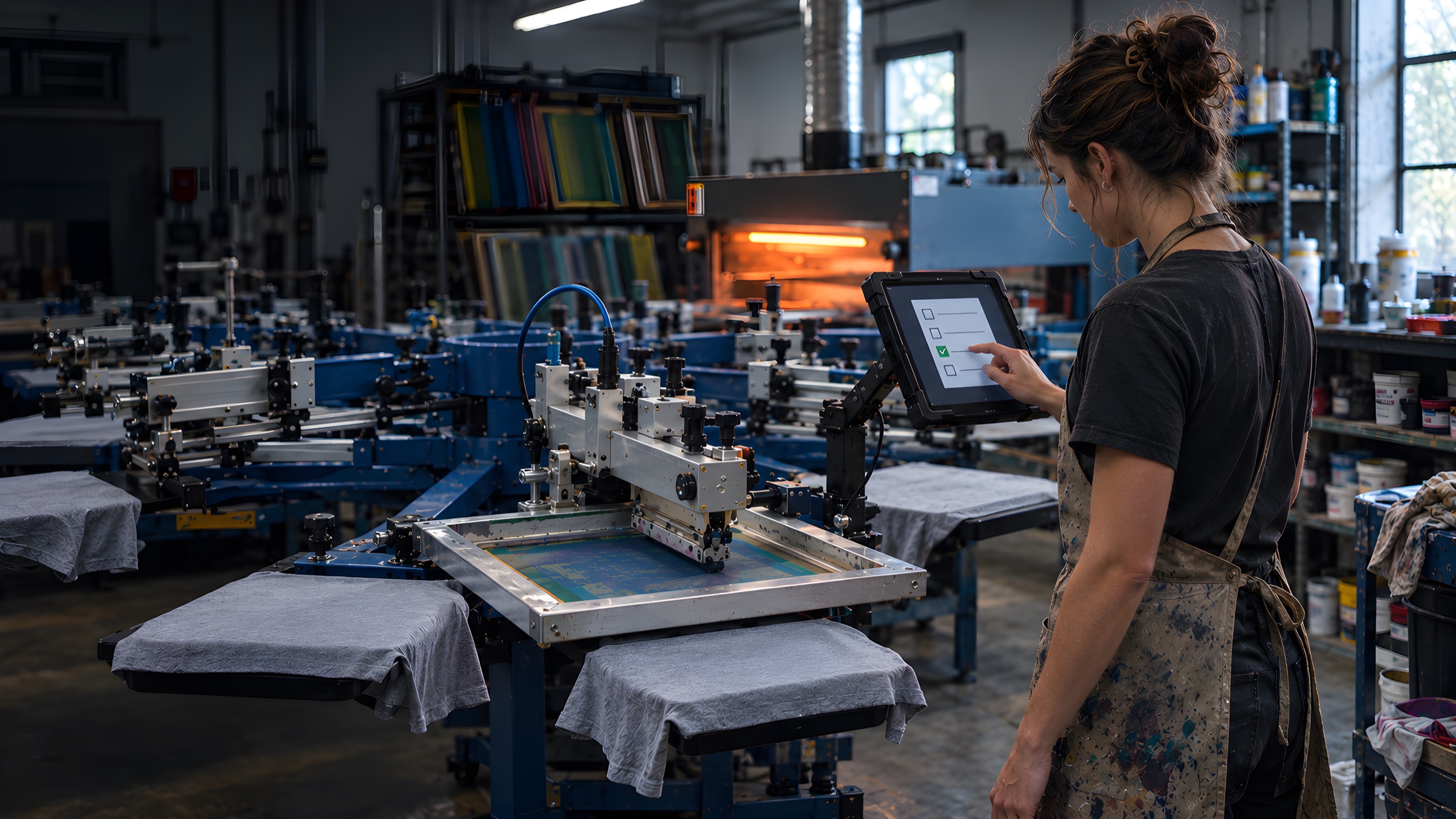 A screen printer in an ink-stained apron at an automatic carousel press, touching a checklist on a tablet mounted beside the machine; one item is checked.